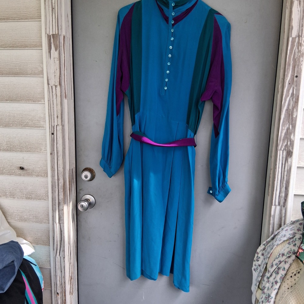 Vtg 80s Silk Colorblock Midi Dress Turquoise Purple Teal Dolman Sleeve Belted S